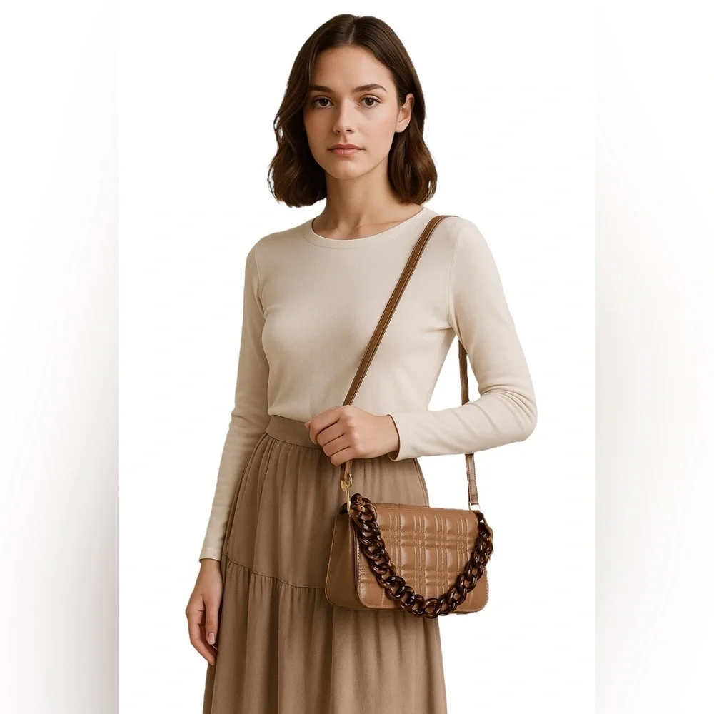 Like Dreams Taupe Quilted Shoulder Bag with Tortoise Chain & Detachable Strap